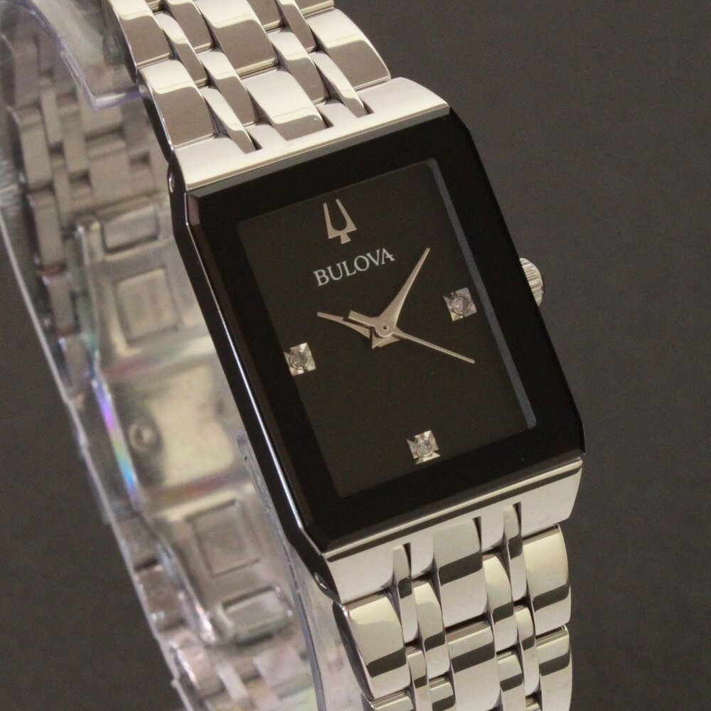 Bulova Ladies Quadra Watch Diamond Indices Black Dial Stainless 20mm